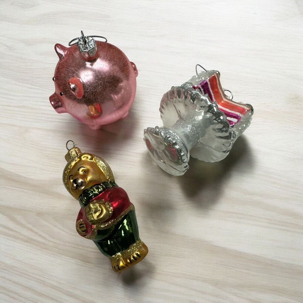 Lot of 3 Blown Glass Tree Ornaments Vtg Christmas + Teddy Bear + Piggy + Cake